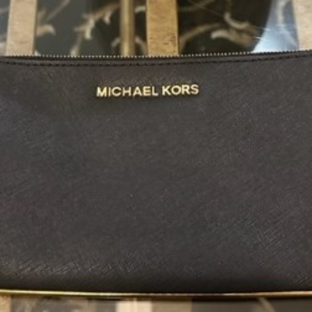 Michael Kors Black  Leather Clutch Bag With Gold Accents